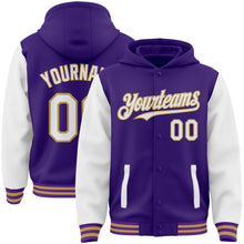 Загрузить изображение в средство просмотра галереи, Custom Purple White-Old Gold Bomber Full-Snap Varsity Letterman Two Tone Hoodie Jacket