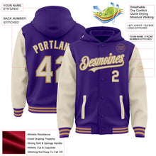 Загрузить изображение в средство просмотра галереи, Custom Purple Cream-Old Gold Bomber Full-Snap Varsity Letterman Two Tone Hoodie Jacket