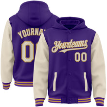 Загрузить изображение в средство просмотра галереи, Custom Purple Cream-Old Gold Bomber Full-Snap Varsity Letterman Two Tone Hoodie Jacket
