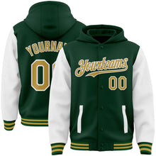 Загрузить изображение в средство просмотра галереи, Custom Green Old Gold-White Bomber Full-Snap Varsity Letterman Two Tone Hoodie Jacket