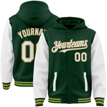 Загрузить изображение в средство просмотра галереи, Custom Green White-Old Gold Bomber Full-Snap Varsity Letterman Two Tone Hoodie Jacket