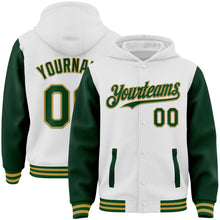 Загрузить изображение в средство просмотра галереи, Custom White Green-Old Gold Bomber Full-Snap Varsity Letterman Two Tone Hoodie Jacket