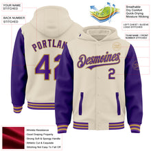 Charger l'image dans la galerie, Custom Cream Purple-Old Gold Bomber Full-Snap Varsity Letterman Two Tone Hoodie Jacket