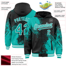 Laden Sie das Bild in den Galerie-Viewer, Custom Black Aqua-White Abstract Brush Stroke 3D Pattern Design Bomber Full-Snap Varsity Letterman Hoodie Jacket