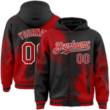 Laden Sie das Bild in den Galerie-Viewer, Custom Black Red-White Abstract Brush Stroke 3D Pattern Design Bomber Full-Snap Varsity Letterman Hoodie Jacket