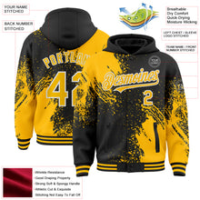 Laden Sie das Bild in den Galerie-Viewer, Custom Black Gold-White Abstract Brush Stroke 3D Pattern Design Bomber Full-Snap Varsity Letterman Hoodie Jacket
