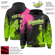 Laden Sie das Bild in den Galerie-Viewer, Custom Black Neon Green Pink-White Abstract Brush Stroke 3D Pattern Design Bomber Full-Snap Varsity Letterman Hoodie Jacket