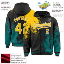 Laden Sie das Bild in den Galerie-Viewer, Custom Black Yellow Teal-White Abstract Brush Stroke 3D Pattern Design Bomber Full-Snap Varsity Letterman Hoodie Jacket