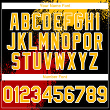 Laden Sie das Bild in den Galerie-Viewer, Custom Black Gold Red-White Abstract Brush Stroke 3D Pattern Design Bomber Full-Snap Varsity Letterman Hoodie Jacket