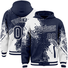 Laden Sie das Bild in den Galerie-Viewer, Custom Navy White Abstract Brush Stroke 3D Pattern Design Bomber Full-Snap Varsity Letterman Hoodie Jacket