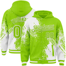 Load image into Gallery viewer, Custom Neon Green White Abstract Brush Stroke 3D Pattern Design Bomber Full-Snap Varsity Letterman Hoodie Jacket