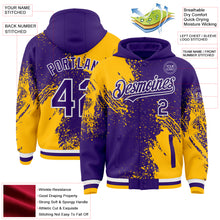 Laden Sie das Bild in den Galerie-Viewer, Custom Purple Gold-White Abstract Brush Stroke 3D Pattern Design Bomber Full-Snap Varsity Letterman Hoodie Jacket