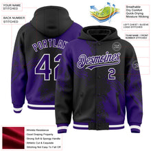 Charger l'image dans la galerie, Custom Black Purple-White Abstract Brush Stroke 3D Pattern Design Bomber Full-Snap Varsity Letterman Hoodie Jacket