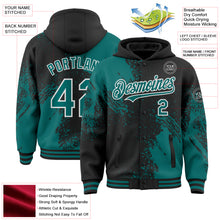 Charger l'image dans la galerie, Custom Black Teal-White Abstract Brush Stroke 3D Pattern Design Bomber Full-Snap Varsity Letterman Hoodie Jacket