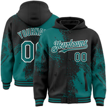Charger l'image dans la galerie, Custom Black Teal-White Abstract Brush Stroke 3D Pattern Design Bomber Full-Snap Varsity Letterman Hoodie Jacket