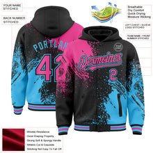 Charger l'image dans la galerie, Custom Black Pink-Sky Blue Abstract Brush Stroke 3D Pattern Design Bomber Full-Snap Varsity Letterman Hoodie Jacket