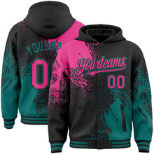Charger l'image dans la galerie, Custom Black Pink-Teal Abstract Brush Stroke 3D Pattern Design Bomber Full-Snap Varsity Letterman Hoodie Jacket