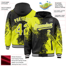 Load image into Gallery viewer, Custom Black Neon Yellow-White Abstract Brush Stroke 3D Pattern Design Bomber Full-Snap Varsity Letterman Hoodie Jacket