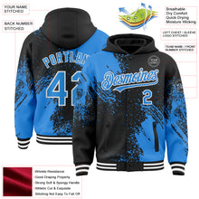 Charger l'image dans la galerie, Custom Black Powder Blue-White Abstract Brush Stroke 3D Pattern Design Bomber Full-Snap Varsity Letterman Hoodie Jacket