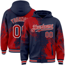 Charger l'image dans la galerie, Custom Navy Red-White Abstract Brush Stroke 3D Pattern Design Bomber Full-Snap Varsity Letterman Hoodie Jacket