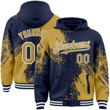 Charger l'image dans la galerie, Custom Navy Old Gold-White Abstract Brush Stroke 3D Pattern Design Bomber Full-Snap Varsity Letterman Hoodie Jacket