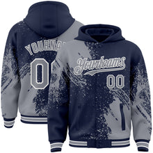 Charger l'image dans la galerie, Custom Navy Gray-White Abstract Brush Stroke 3D Pattern Design Bomber Full-Snap Varsity Letterman Hoodie Jacket