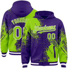 Charger l'image dans la galerie, Custom Purple Neon Green-White Abstract Brush Stroke 3D Pattern Design Bomber Full-Snap Varsity Letterman Hoodie Jacket
