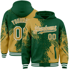 Charger l'image dans la galerie, Custom Kelly Green Old Gold-White Abstract Brush Stroke 3D Pattern Design Bomber Full-Snap Varsity Letterman Hoodie Jacket
