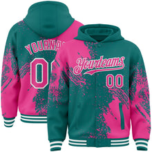 Charger l'image dans la galerie, Custom Teal Pink-White Abstract Brush Stroke 3D Pattern Design Bomber Full-Snap Varsity Letterman Hoodie Jacket