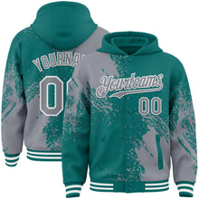 Charger l'image dans la galerie, Custom Teal Gray-White Abstract Brush Stroke 3D Pattern Design Bomber Full-Snap Varsity Letterman Hoodie Jacket