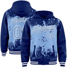 Load image into Gallery viewer, Custom Royal Light Blue-White Splash Art 3D Pattern Design Bomber Full-Snap Varsity Letterman Hoodie Jacket