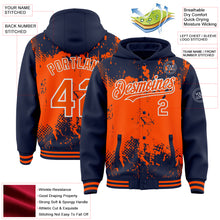 Load image into Gallery viewer, Custom Navy Orange-White Splash Art 3D Pattern Design Bomber Full-Snap Varsity Letterman Hoodie Jacket