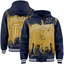 Load image into Gallery viewer, Custom Navy Old Gold-White Splash Art 3D Pattern Design Bomber Full-Snap Varsity Letterman Hoodie Jacket