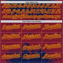 Load image into Gallery viewer, Custom Navy Crimson-Gold Splash Art 3D Pattern Design Bomber Full-Snap Varsity Letterman Hoodie Jacket