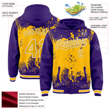 Load image into Gallery viewer, Custom Purple Gold-White Splash Art 3D Pattern Design Bomber Full-Snap Varsity Letterman Hoodie Jacket