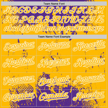 Load image into Gallery viewer, Custom Purple Gold-White Splash Art 3D Pattern Design Bomber Full-Snap Varsity Letterman Hoodie Jacket