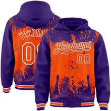 Load image into Gallery viewer, Custom Purple Orange-White Splash Art 3D Pattern Design Bomber Full-Snap Varsity Letterman Hoodie Jacket