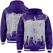 Load image into Gallery viewer, Custom Purple Gray-White Splash Art 3D Pattern Design Bomber Full-Snap Varsity Letterman Hoodie Jacket