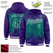 Load image into Gallery viewer, Custom Purple Teal-White Splash Art 3D Pattern Design Bomber Full-Snap Varsity Letterman Hoodie Jacket