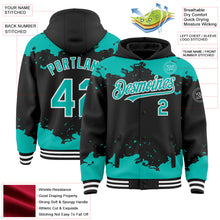 Load image into Gallery viewer, Custom Black Aqua-White Splash Art 3D Pattern Design Bomber Full-Snap Varsity Letterman Hoodie Jacket