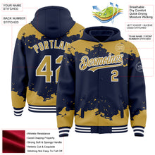 Load image into Gallery viewer, Custom Navy Old Gold-White Splash Art 3D Pattern Design Bomber Full-Snap Varsity Letterman Hoodie Jacket
