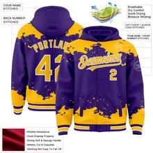 Load image into Gallery viewer, Custom Purple Gold-White Splash Art 3D Pattern Design Bomber Full-Snap Varsity Letterman Hoodie Jacket