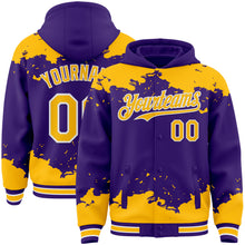 Load image into Gallery viewer, Custom Purple Gold-White Splash Art 3D Pattern Design Bomber Full-Snap Varsity Letterman Hoodie Jacket