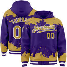 Load image into Gallery viewer, Custom Purple Old Gold-White Splash Art 3D Pattern Design Bomber Full-Snap Varsity Letterman Hoodie Jacket
