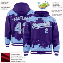 Load image into Gallery viewer, Custom Purple Light Blue-White Splash Art 3D Pattern Design Bomber Full-Snap Varsity Letterman Hoodie Jacket