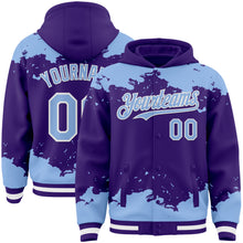Load image into Gallery viewer, Custom Purple Light Blue-White Splash Art 3D Pattern Design Bomber Full-Snap Varsity Letterman Hoodie Jacket
