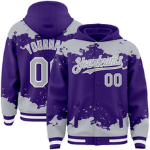 Load image into Gallery viewer, Custom Purple Gray-White Splash Art 3D Pattern Design Bomber Full-Snap Varsity Letterman Hoodie Jacket