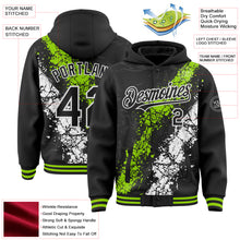 Load image into Gallery viewer, Custom Black Neon Green-White Splash Art 3D Pattern Design Bomber Full-Snap Varsity Letterman Hoodie Jacket