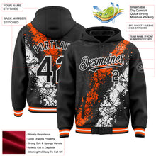 Load image into Gallery viewer, Custom Black Orange-White Splash Art 3D Pattern Design Bomber Full-Snap Varsity Letterman Hoodie Jacket