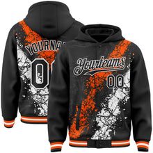 Load image into Gallery viewer, Custom Black Orange-White Splash Art 3D Pattern Design Bomber Full-Snap Varsity Letterman Hoodie Jacket